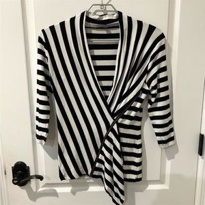 Katherine Barclay Black and White Striped Faux Wrap Top Sz S